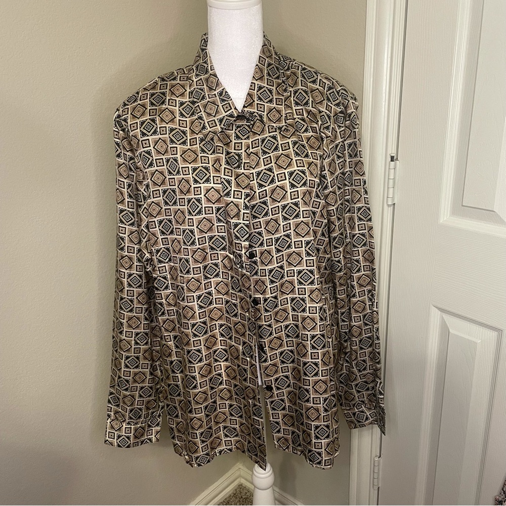 Vintage Stunt button down long sleeve blouse 100% silk multicolor pattern